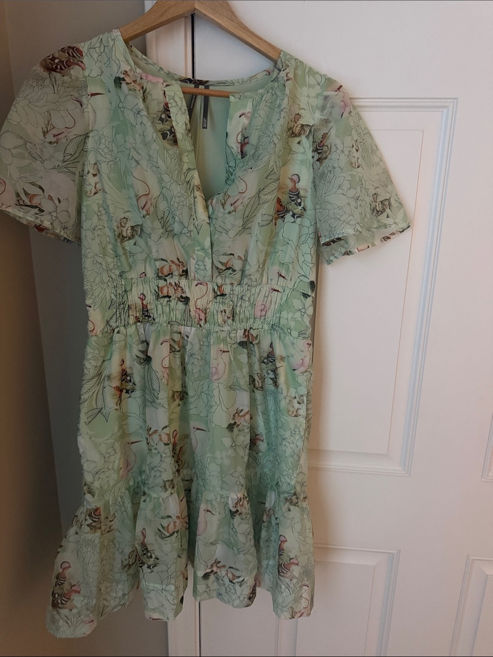 Anthropologie Mint Green Floral Tiered Dress silky fabric size M has pockets